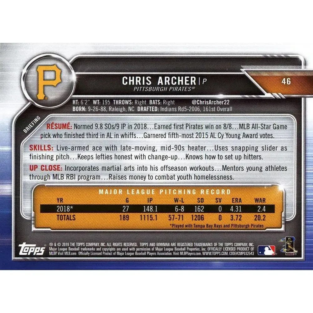 2019 Bowman Chris Archer #46 Pittsburgh Pirates
